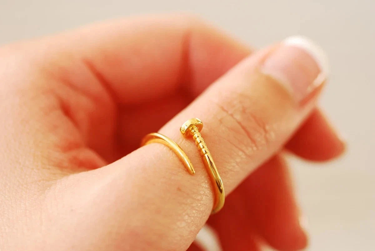 14k Gold Nail Ring. Stackable, Minimalist. Adjustable SZ: 5-9